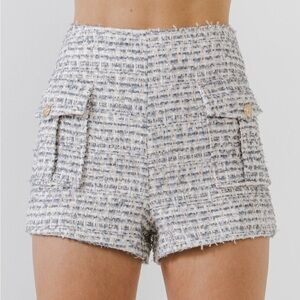 Endless Rose Light Blue and White Tweed High-Waist Cargo Shorts